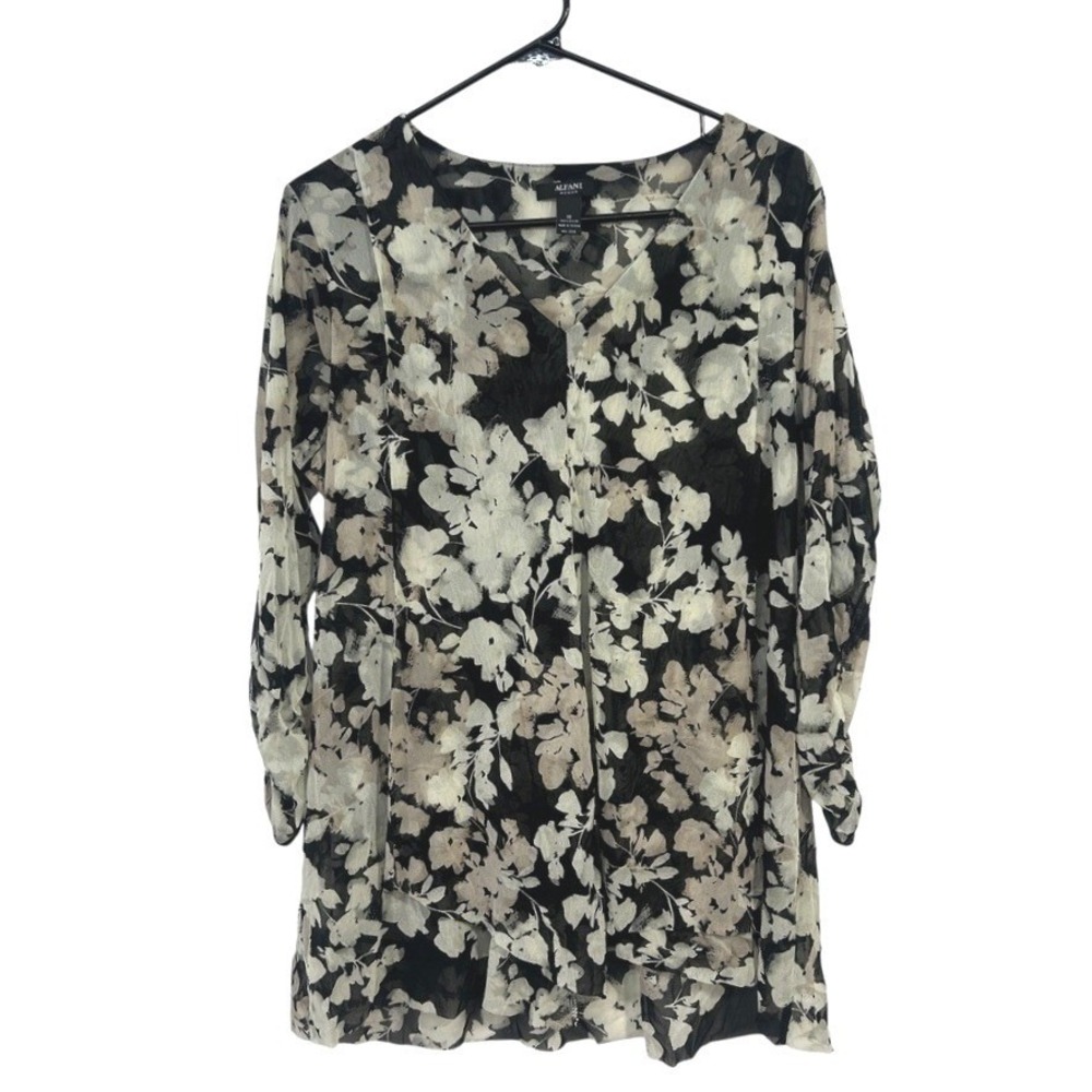 Sheer Floral Tunic Blouse 1X Black‎ Beige Romantic Feminine Chic Alfani